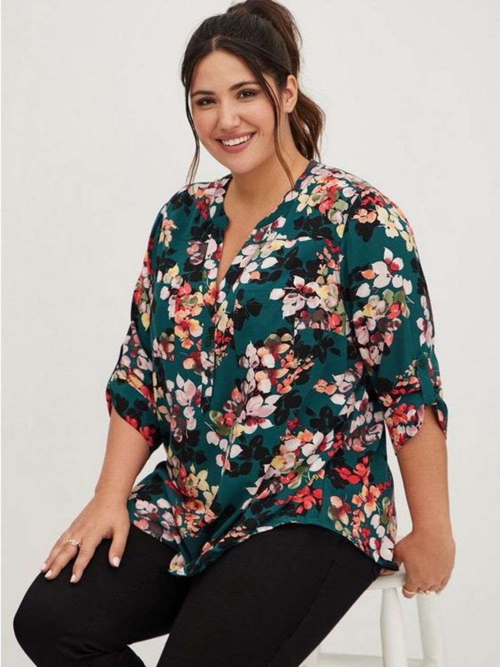 Torrid Harper Rayon Twill Pullover 3/4 Sleeve Blouse Floral Teal Women Size 2X